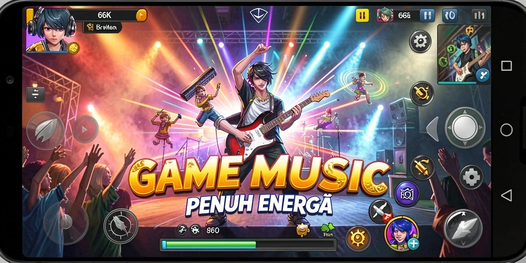 Tampilan permainan 66K dengan gameplay musik yang dinamis.