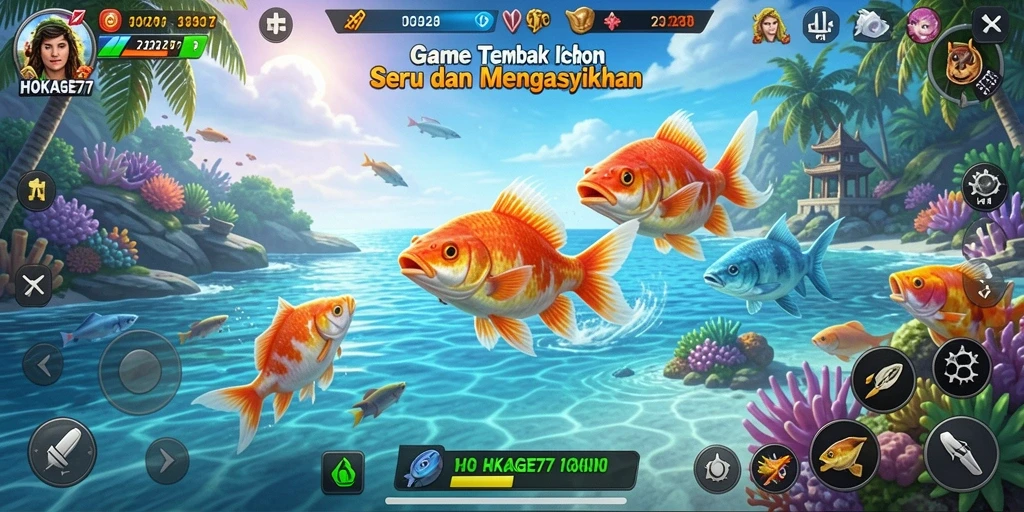 Screenshot gameplay HOKAGE77 menampilkan aksi menembak ikan yang mendebarkan.