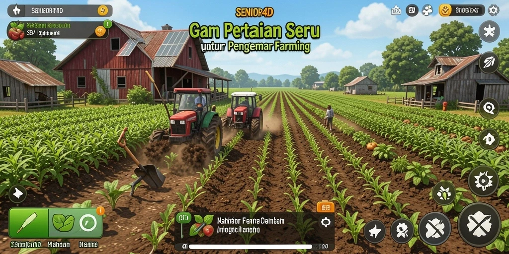 Screenshot utama SENIOR4D menampilkan gameplay menarik dalam berkebun.
