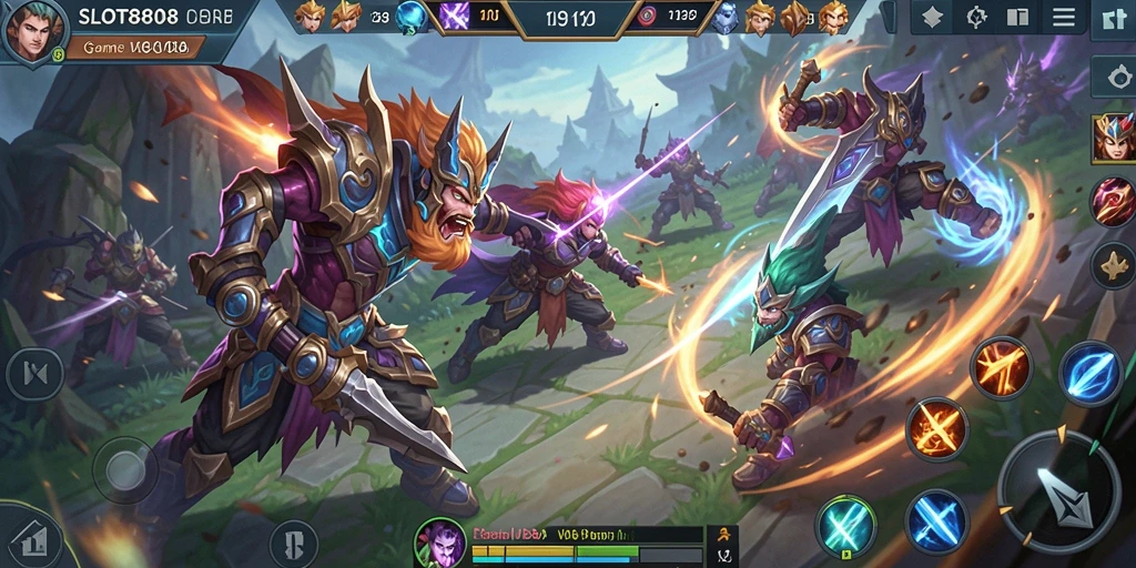 Tampilan gameplay SLOT8808 dengan karakter dan aksi seru di arena.