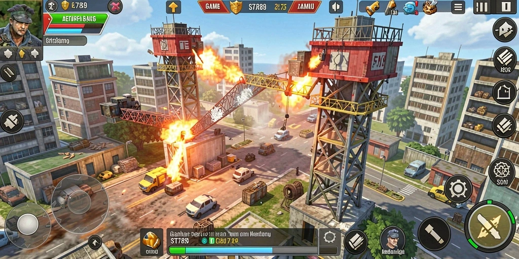 Tangkapan layar gameplay ST789 menampilkan aksi menara dalam pertempuran Tower Defense.